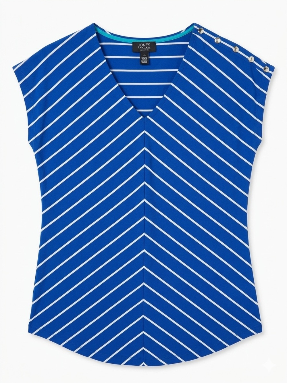 Jones New York Royal Blue and White Striped V-Neck Button-Shoulder Top
